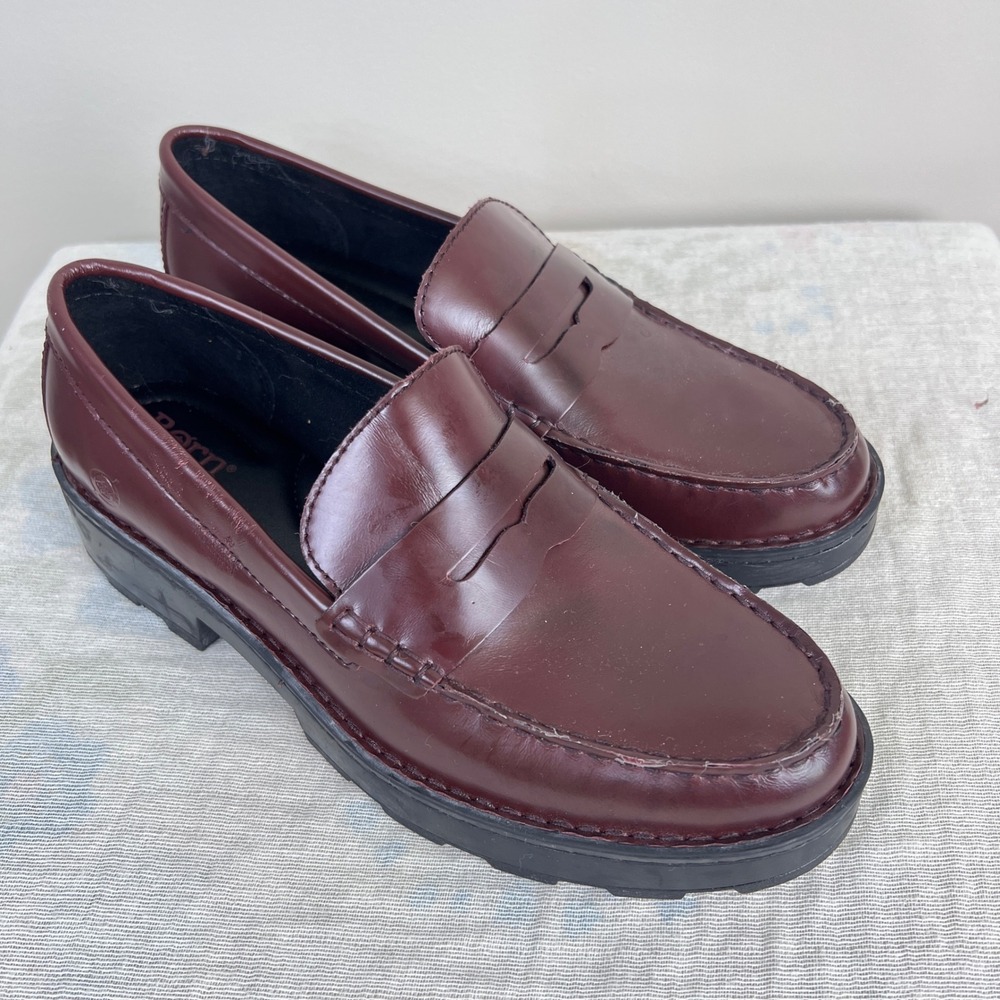 Born Carrera Penny Loafers Womens 9 Burgundy Leather Lug Sole Platform BR0041747